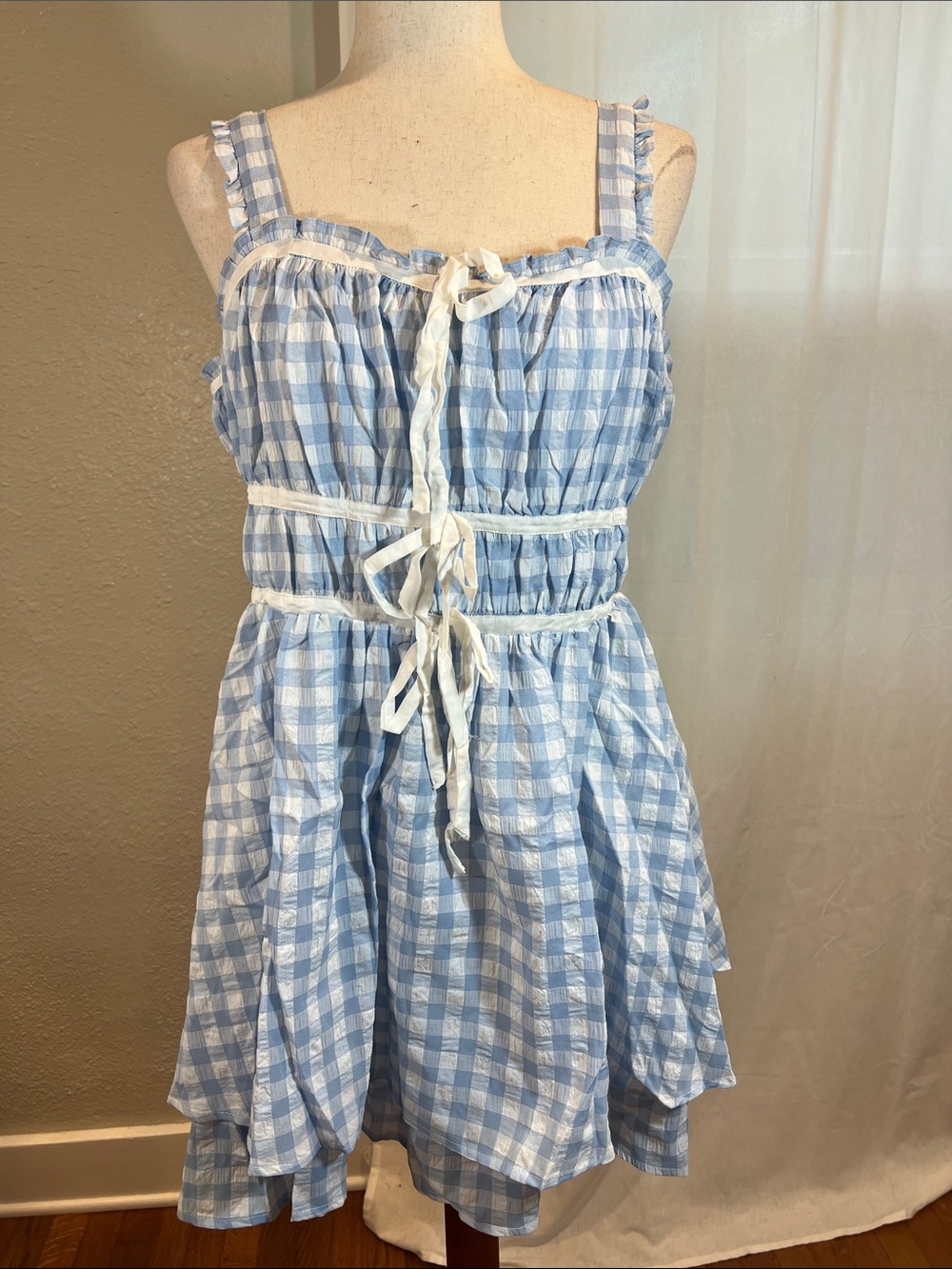 Just Me Seaside “Mark” Cotton Gingham Tiered Strapless Mini Dress. Size L. NWOT.